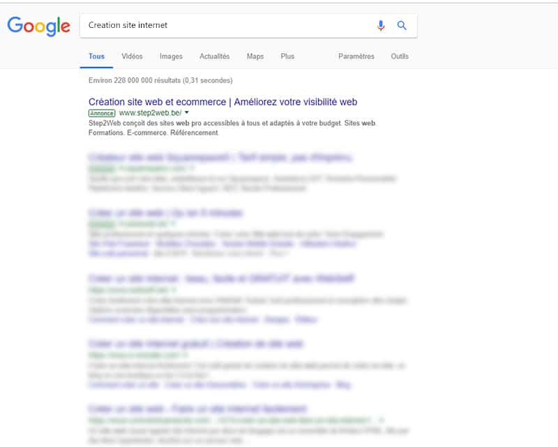Résultats de recherche Google Ads
